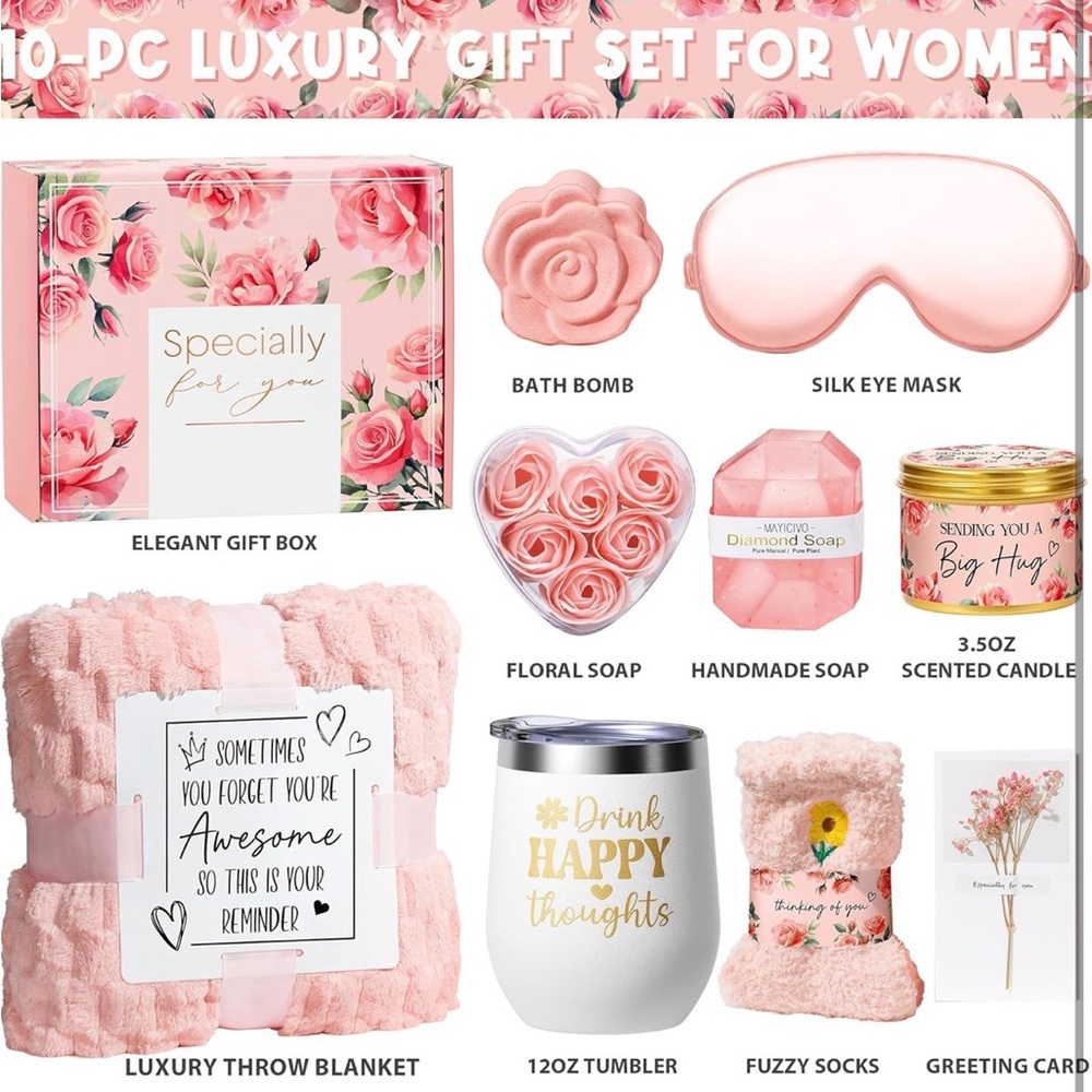 BRAND NEW Mother’s Day Gift Rose Spa Gift Baskets Bath Set w/ Blanket - Picture 2 of 8